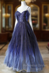 Beautiful Blue Gradient Tulle Long Semi Formal Prom Dress, Spaghetti Strap Evening Dress